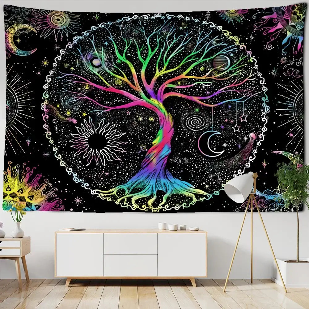 Abstract tree of life tapestry wall hanging with vibrant rainbow colors and cosmic celestial motifs on black background