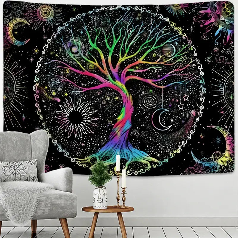 Abstract tree of life tapestry wall hanging featuring vibrant rainbow colors and celestial motifs on black background