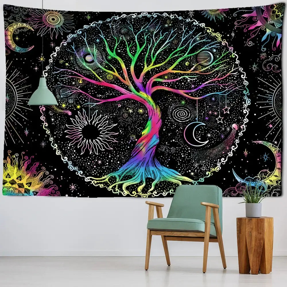 Vibrant abstract tree life tapestry wall hanging with rainbow colors and celestial motifs on black background for living room art