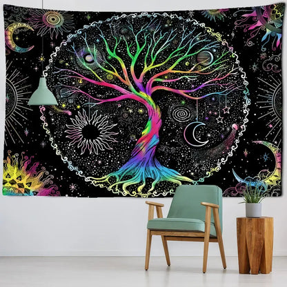 Vibrant abstract tree life tapestry wall hanging with rainbow colors and celestial motifs on black background for living room art