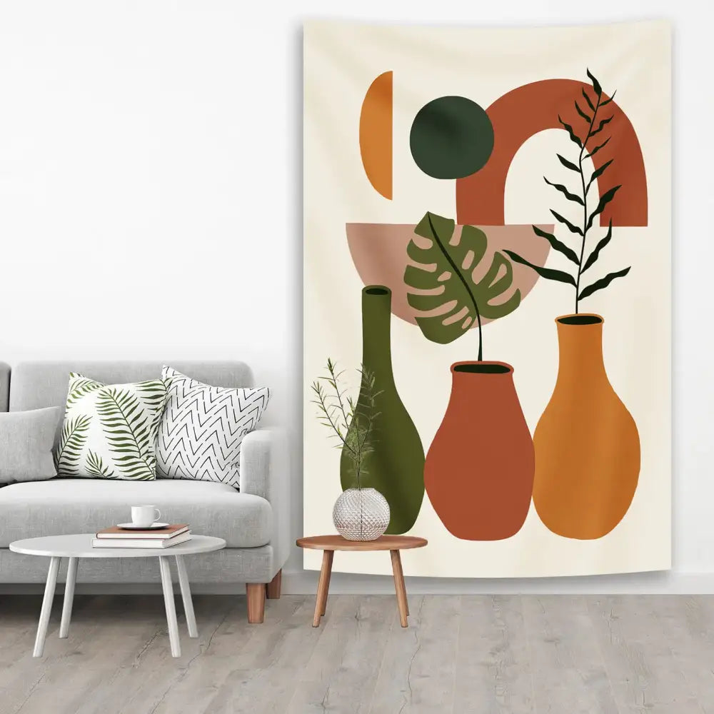 Beige tapestry yoga mat with abstract geometric shapes and stylized plant vases in earthy orange green and terracotta tones
