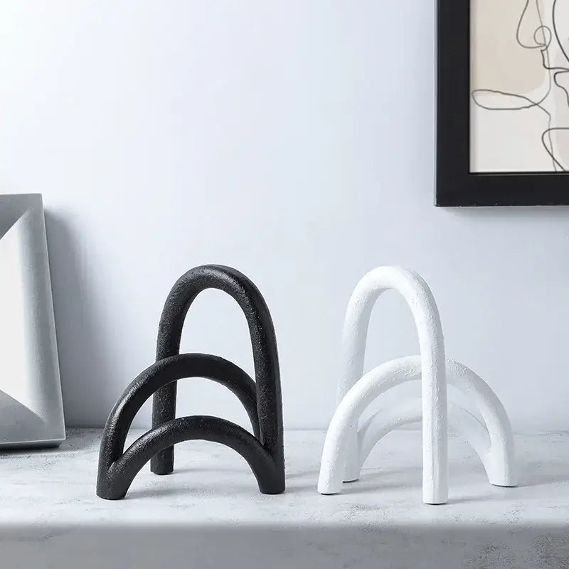 Black and white abstract resin geometry arch bookends with textured matte finish for living room decorbites decor