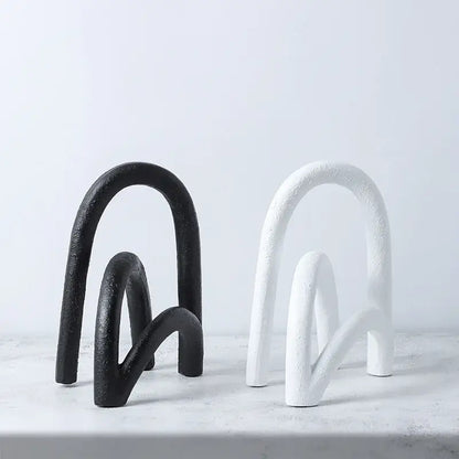 Black and white abstract resin geometry arch bookends with textured matte finish for living room decorbites decor