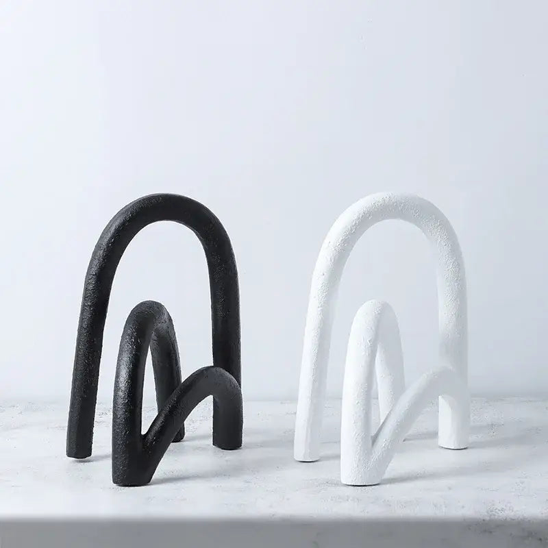 Black and white abstract resin geometry arch bookends with textured matte finish for living room decorbites decor