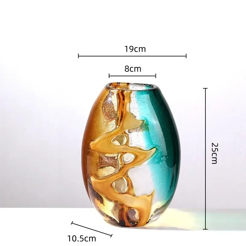 A translucent glass vase with smooth rounded body featuring abstract ripple amber and teal patterns for decorbites decor