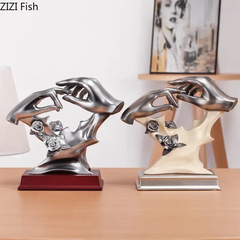 Silver and cream resin abstract hands holding roses couples rings statue desk decorbites couples rings accent