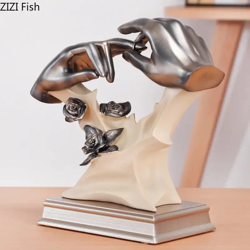Abstract silver and cream couples rings statue featuring intertwined hands and black rose accents for rings statue desk decorbites