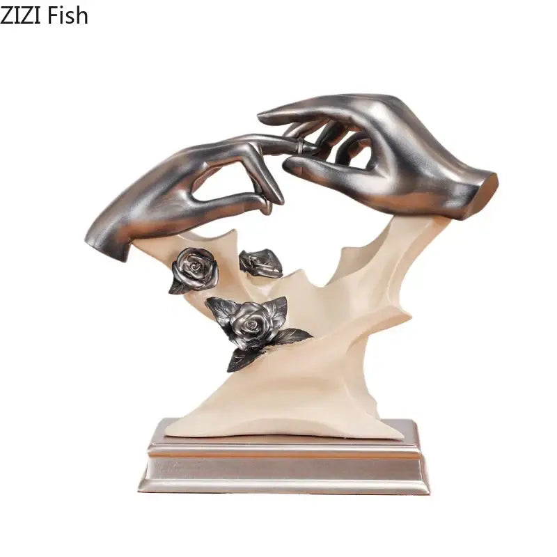 Abstract silver and cream couples rings statue with two intertwined hands and black rose decorbites couples rings desk decor