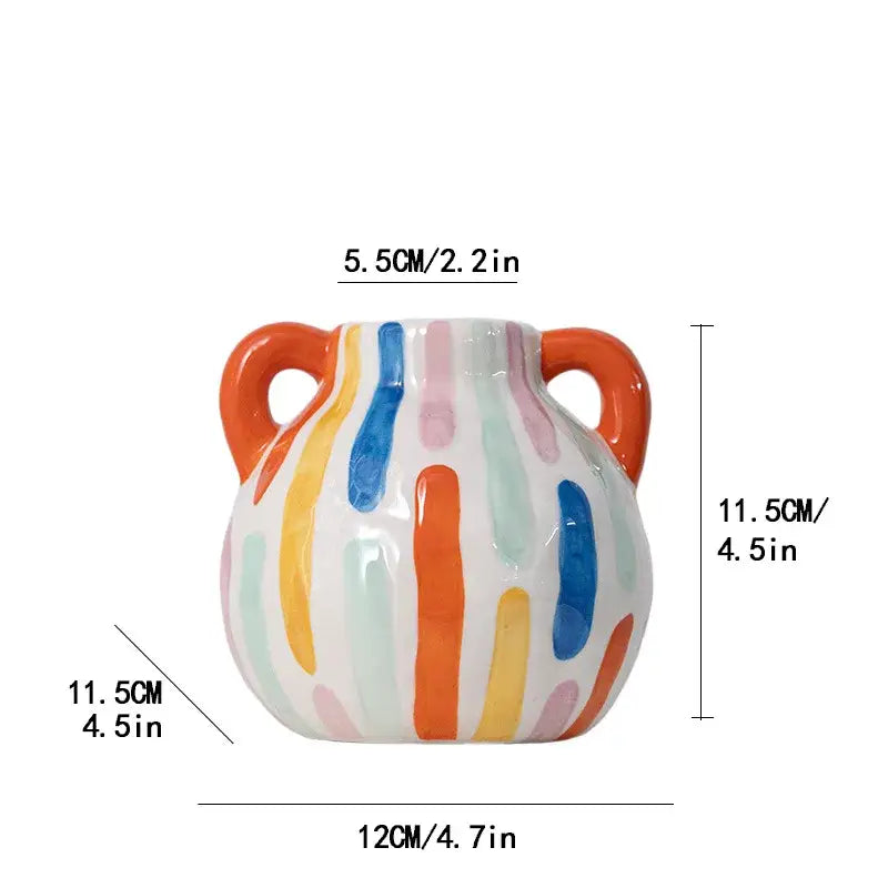 Colorful decorbites cartoon ceramic vase teapot with vibrant vertical stripes and orange handles for living room decor