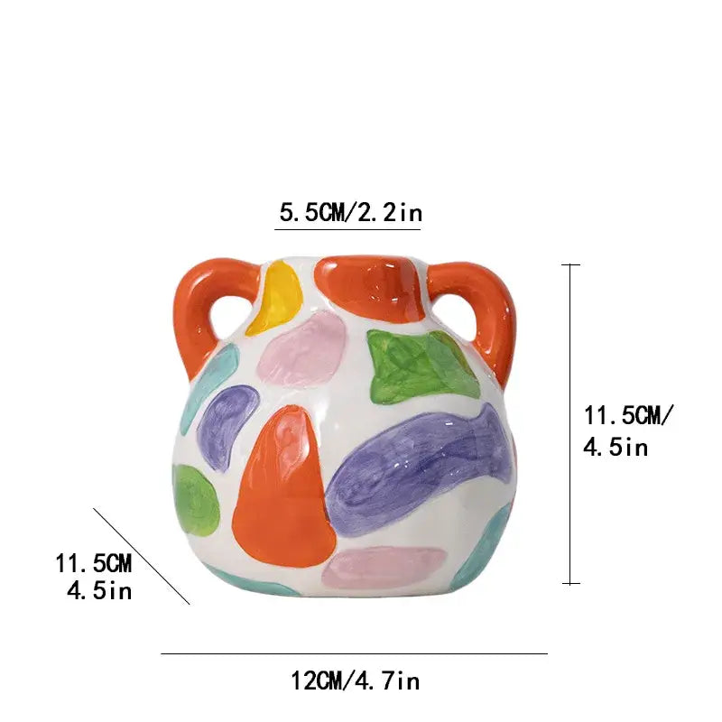 Colorful ceramic vase teapot with orange handles and pastel abstract shapes for decorbites cartoon ceramic decor