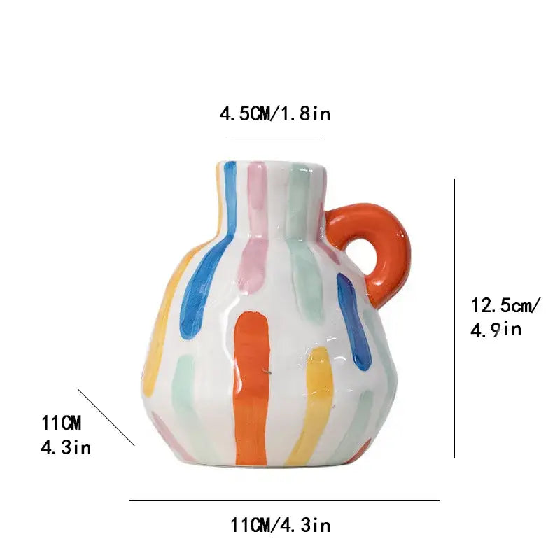 Colorful decorbites cartoon ceramic vase teapot with pastel vertical stripes and orange handle for living room decor
