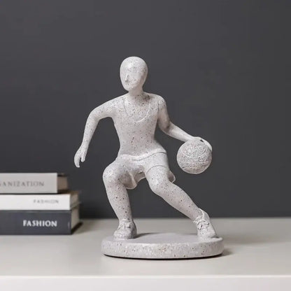 White speckled resin abstract sports player sculpture basketball figurine on circular base for grey and white decorbites decor