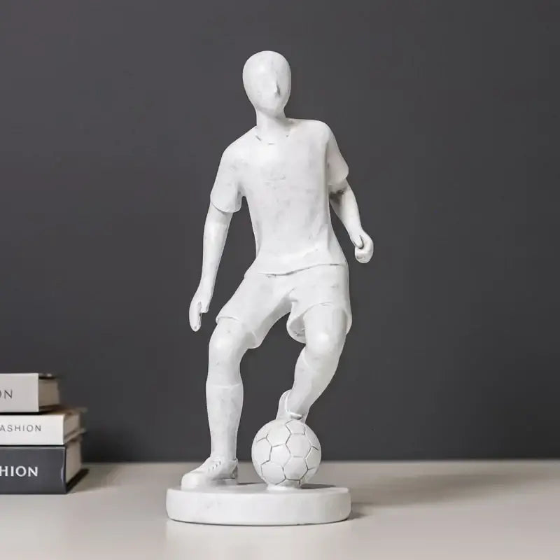 White marble abstract sports player sculpture with detailed uniform and ball for grey and white living room decorbites decor