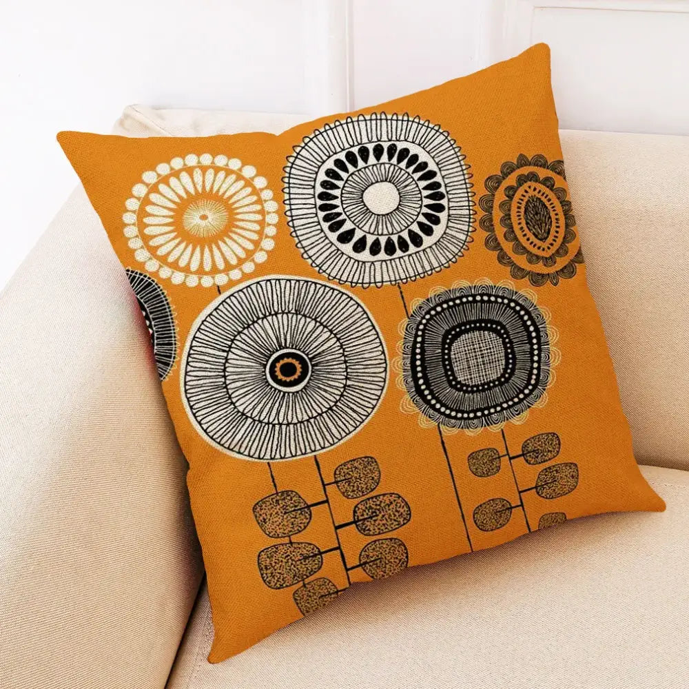 Orange throw pillow cover with abstract tree flower geometric pattern in black white and beige decorbites abstract tree design