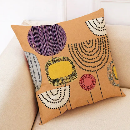 Tan linen pillow cover with abstract tree flower embroidery in purple yellow black white and pink for living room decorbites abstract tree