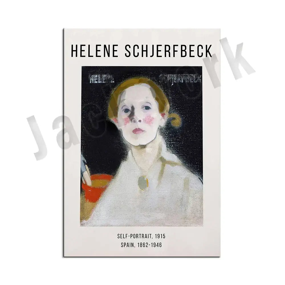 A framed art print of helene schjerfbeck stylized self-portrait with biographical text in decorbites abstract vintage set