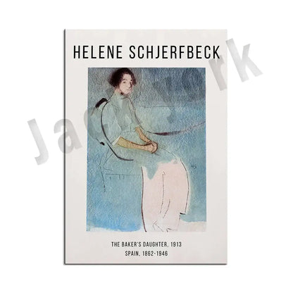 A framed art print of helene schjerfbeck’s the bakers daughter 1913 in soft blue and pink for abstract vintage exhibition decorbites