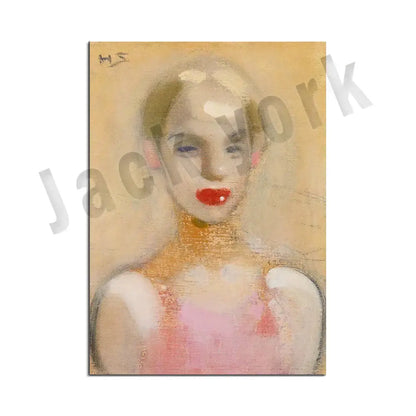 A soft pastel painting of a woman in pink top featured in decorbites abstract vintage exhibition poster framed art print