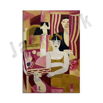 A vibrant abstract vintage exhibition poster with stylized figures in pink gold and maroon framed for living room decorbites art prints