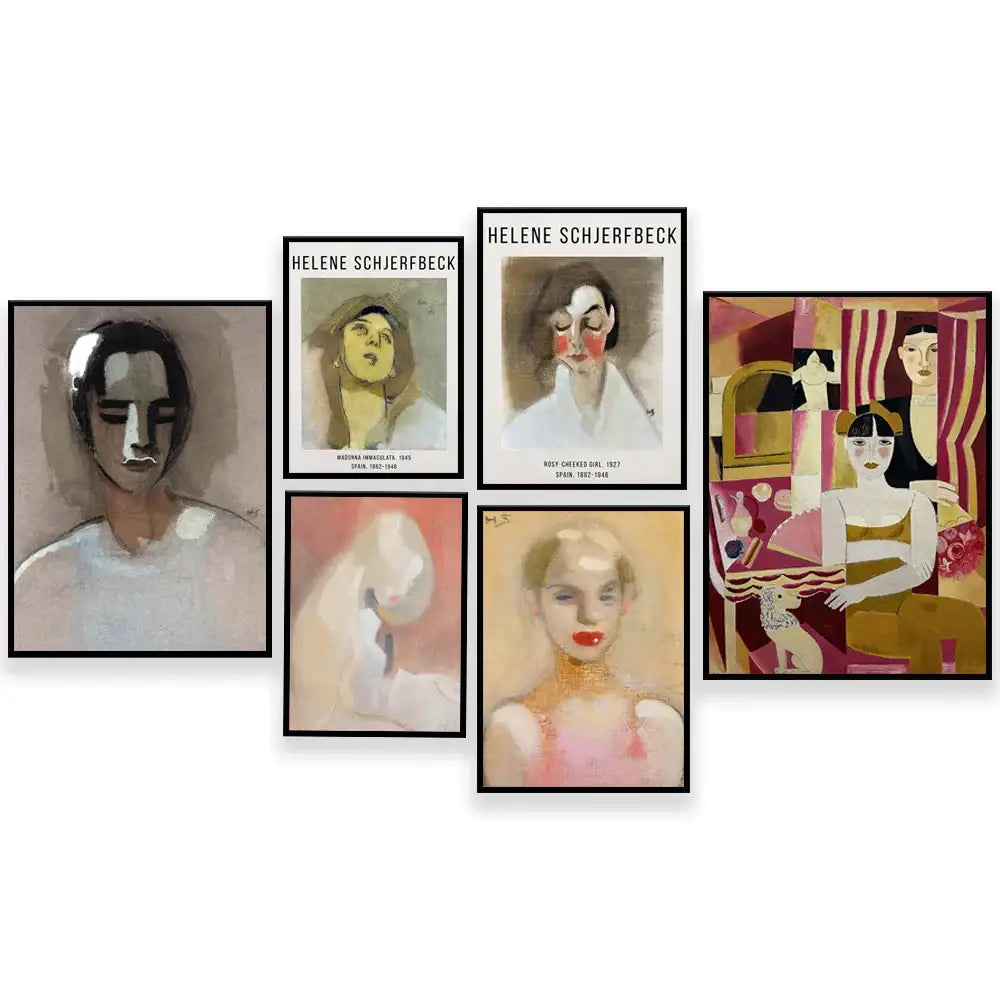 Set of six abstract vintage exhibition poster prints featuring helene schjerfbeck portraits in black frames for living room decorbites