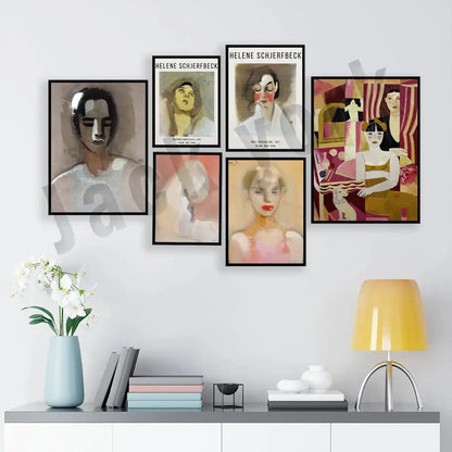 Set of five black framed art prints featuring stylized helene schjerfbeck portraits for abstract vintage exhibition decorbites