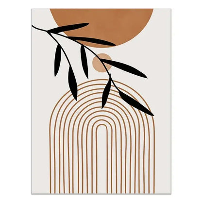 Minimalist abstract green plants art print with black leaf silhouettes and earthy brown shapes for wall decor by DecorBites™
