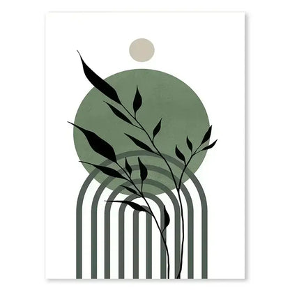 Decorbites™ abstract green plants wall art trio featuring modern black silhouetted leaves on sage green geometric shapes