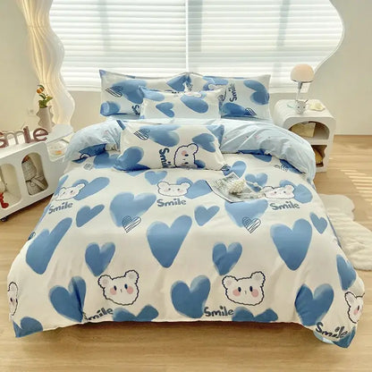 Blue and white heart pattern duvet cover with cute cartoon bears and smile print in decorbites cute pattern set