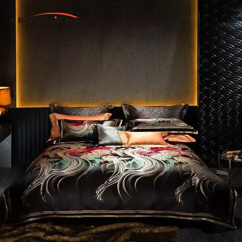 Black satin duvet cover set with abstract wave embroidery in silver red and teal for bedroom decor