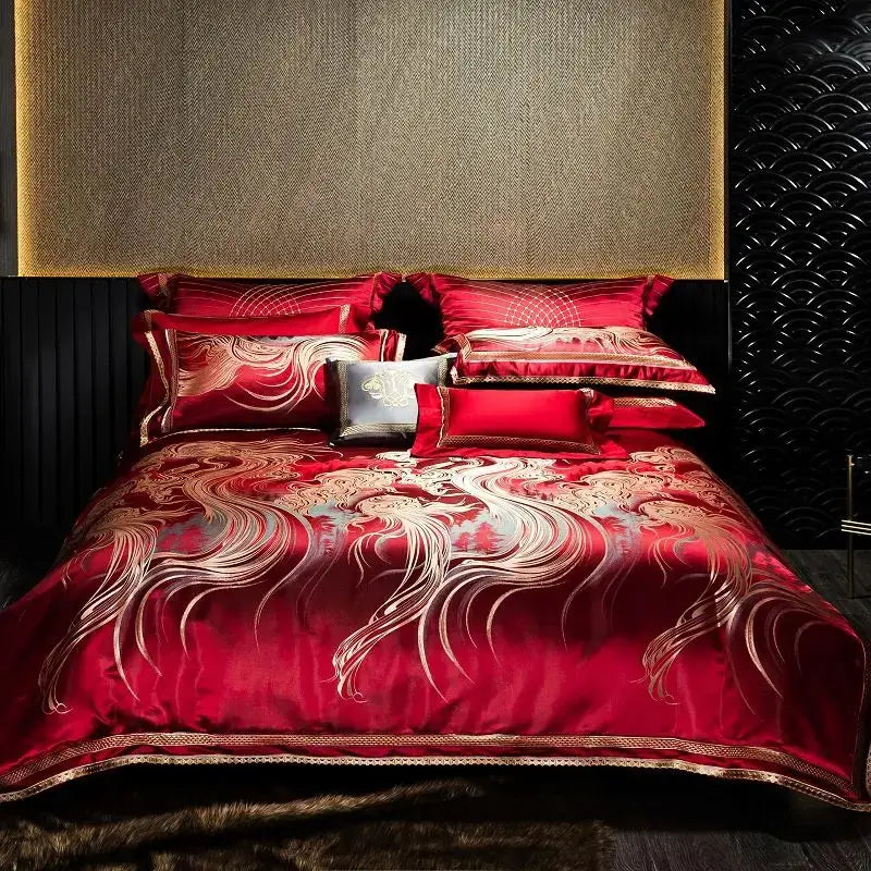 Luxurious red satin duvet cover set with intricate gold and silver swirl patterns and embroidered border for bedroom decor