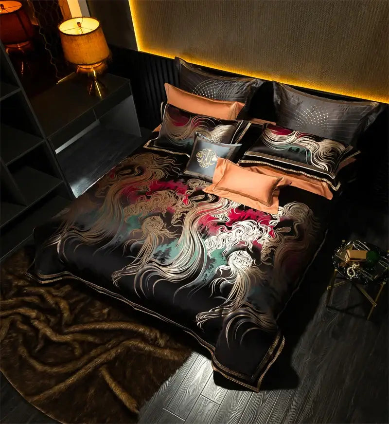 Elegant black satin duvet cover set with an abstract wave embroidered phoenix design in gold crimson and teal accents