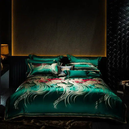 Emerald green satin duvet cover set with intricate white and red phoenix embroidery for bedroom decor