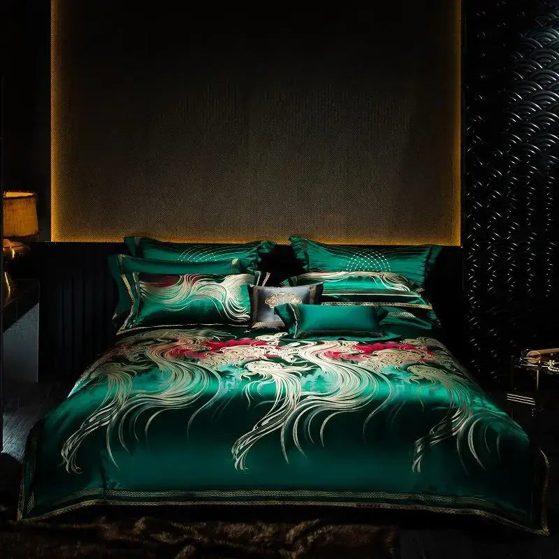 Emerald green satin duvet cover set with intricate white and red phoenix embroidery for bedroom decor