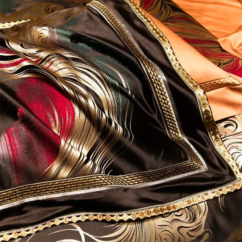 Elegant black satin duvet cover set with intricate gold and red wave patterns and ornate golden embroidered borders