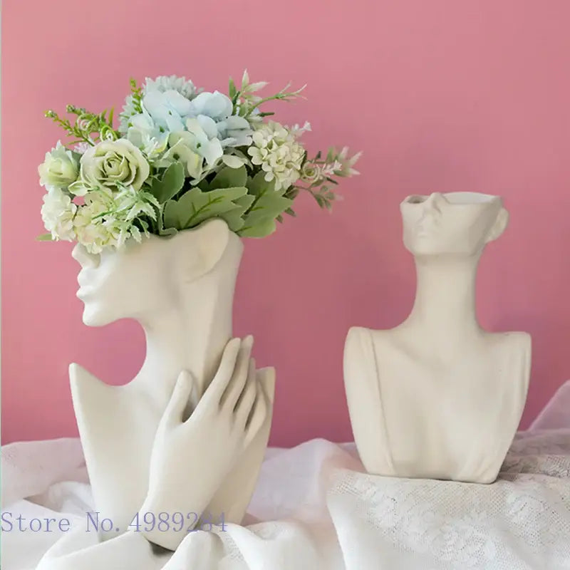 Abstract white ceramic vase portrait ornament shaped like a half face with flowers for living room decor