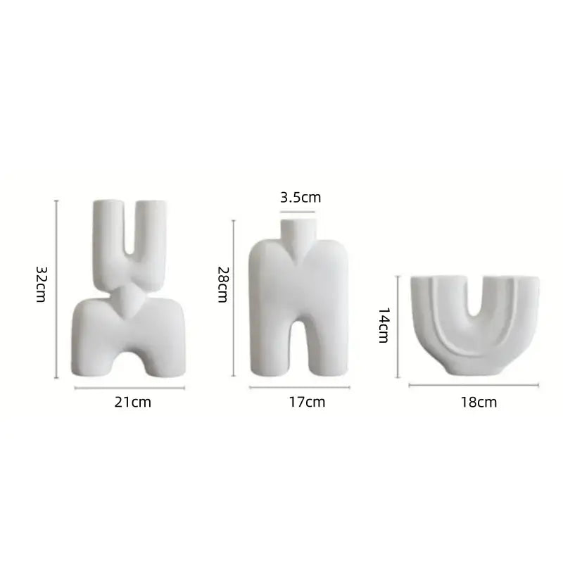 Three white minimalist geometric ceramic vases with abstract human-like silhouettes for living room decorbites ceramic vase