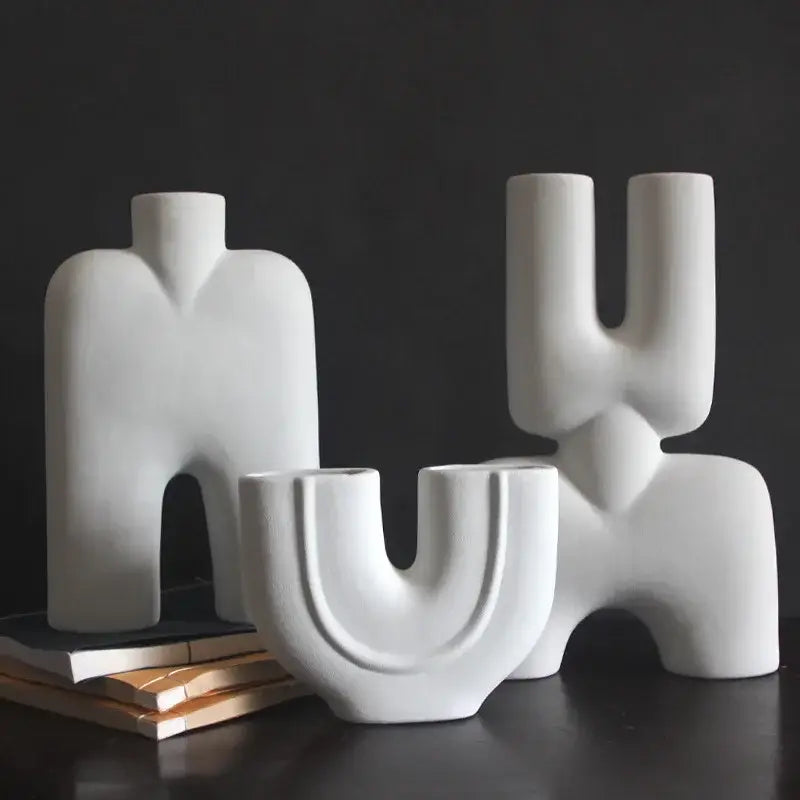 Abstract white geometric ceramic vase with sculptural design for living room decor by decorbites ceramic vase