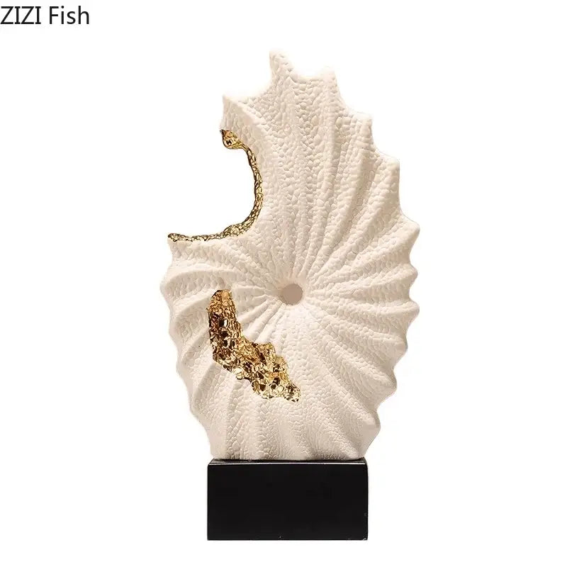 Abstract white and gold gilded ceramic landscape seashell sculpture with black base for living room decor