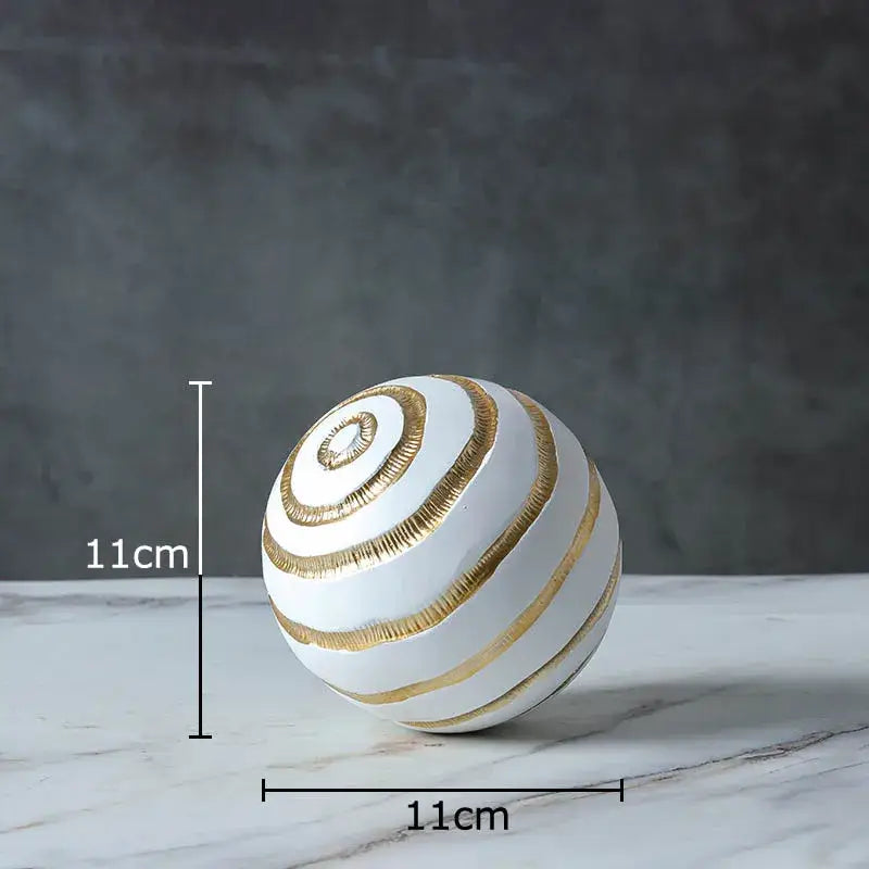 Abstract white and gold spherical golden texture ball sculpture with metallic spiral stripes 11cm diameter for living room decor