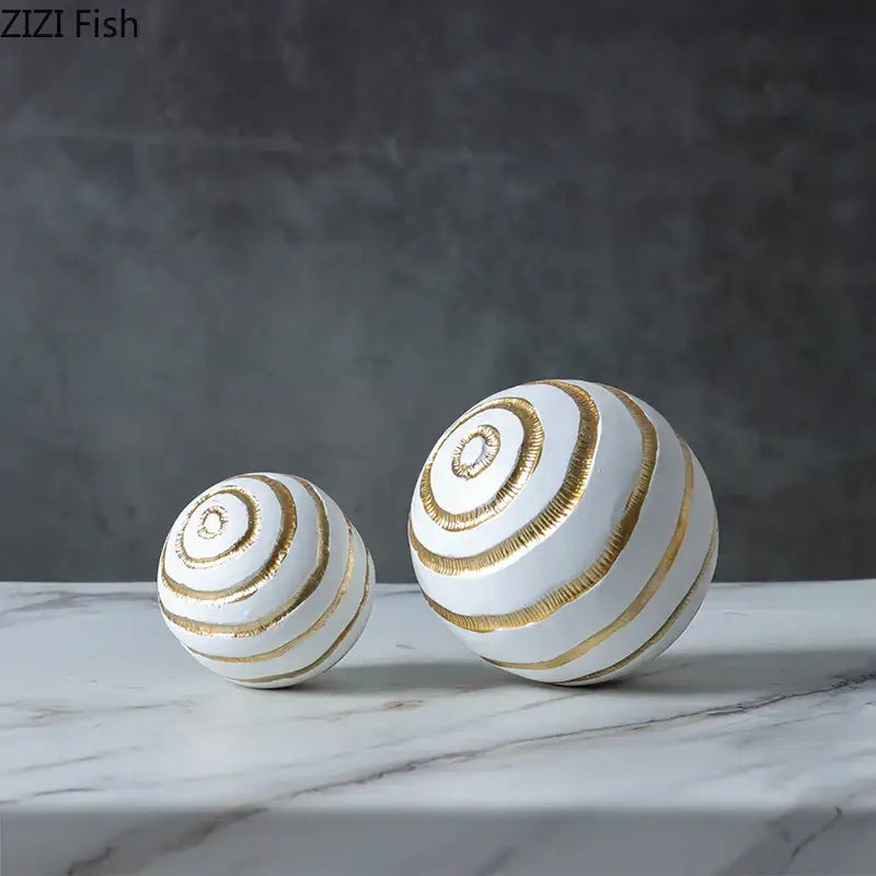 Abstract white ceramic spheres with gold spiral stripes golden texture ball sculpture for living room decor accents