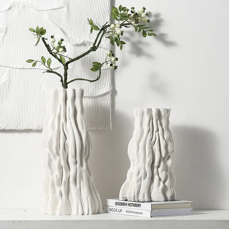Abstract white irregular trunk fold ceramic vase with textured wavy surface design for living room decor