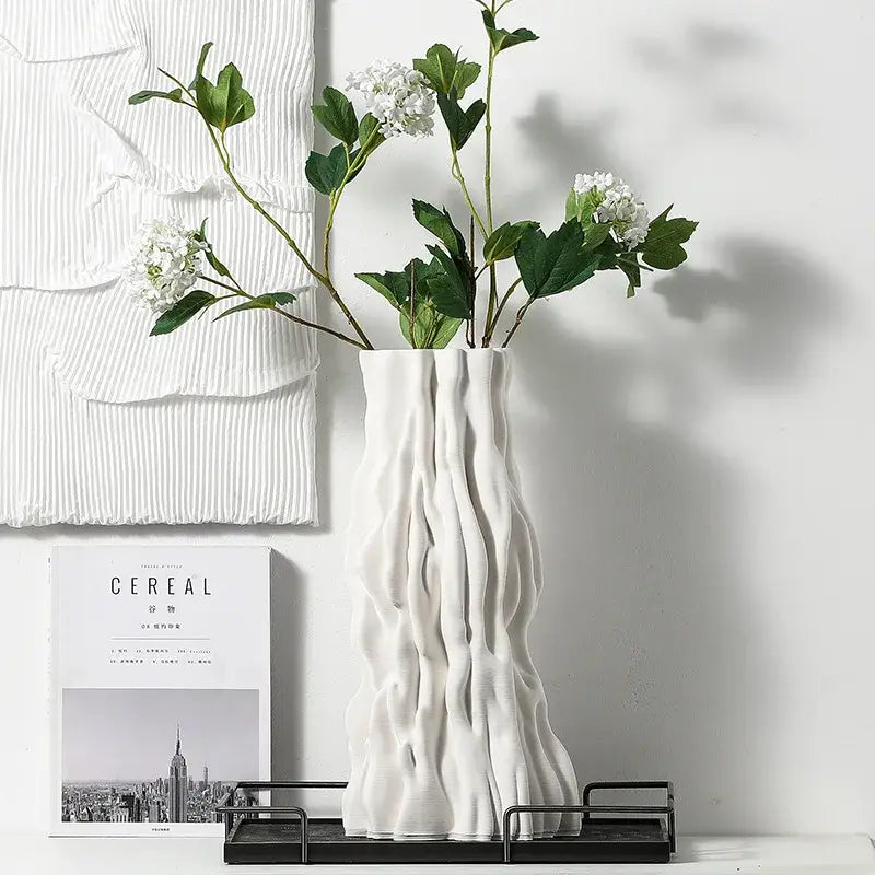 Abstract white irregular trunk fold ceramic vase with textured wavy surface for living room decor