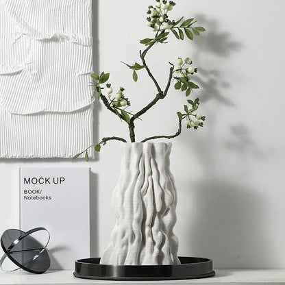 Abstract white irregular trunk fold ceramic vase with textured wavy surface for living room decor
