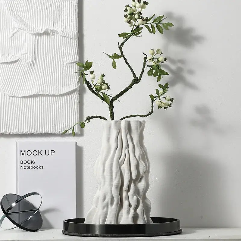 Abstract white irregular trunk fold ceramic vase with textured wavy surface for living room decor