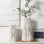 Abstract white irregular trunk fold ceramic vase with textured wavy surface resembling tree bark for living room decor