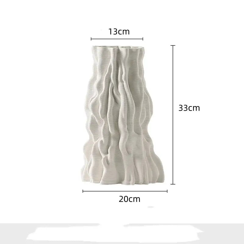 A tall off-white ceramic vase with irregular trunk fold texture resembling tree bark for living room decor