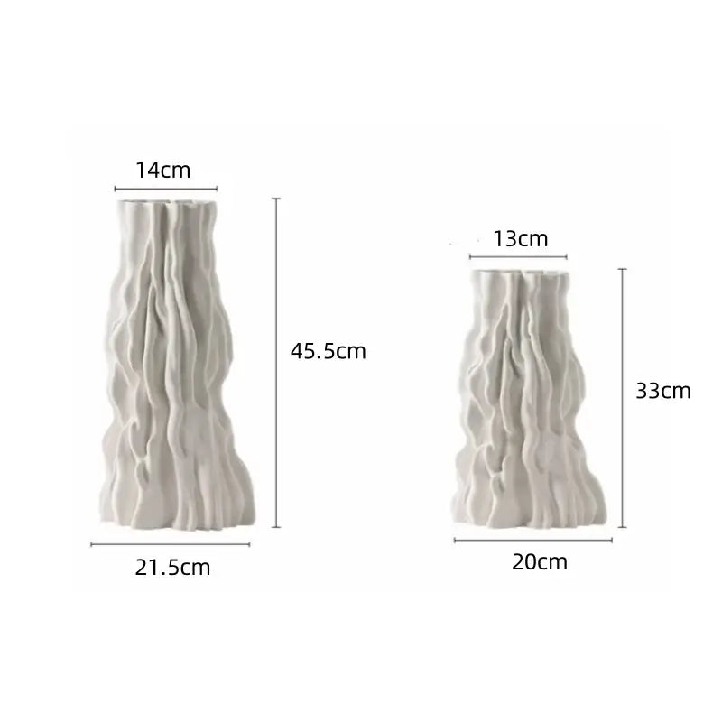 Two off-white ceramic vases with irregular trunk fold textured surface for living room decor