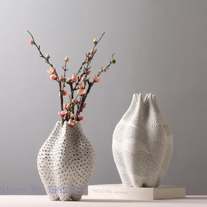Abstract white textured ceramic vase with intricate dot pattern perforated decor for living room decorbites dot pattern