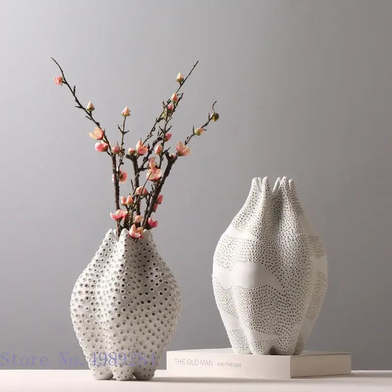 Abstract white textured ceramic vase with intricate dot pattern perforated decor for living room decorbites dot pattern