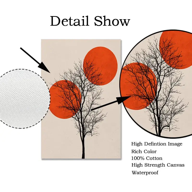Beige canvas print featuring a black tree silhouette and orange circles in nordic style winter morning landscape design
